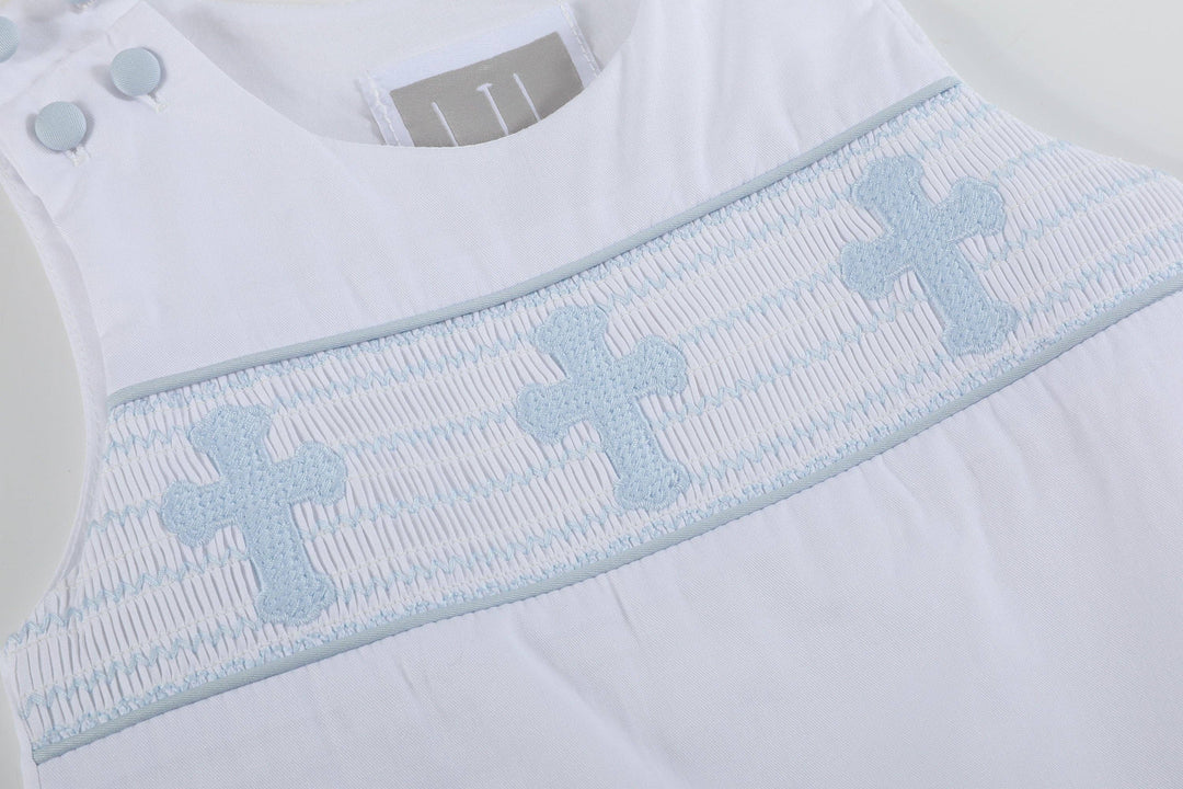 White and Blue Holy Crosses Smocked Overalls - Premium Baby & Toddler Outfits from Lil Cactus - Just $38.95! Shop now at Pat's Monograms