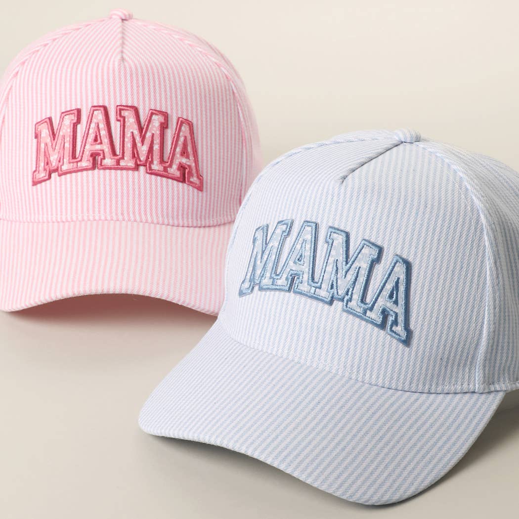 MAMA Embroidered Patch Seersucker Stripe Trucker Hat — Fashion City