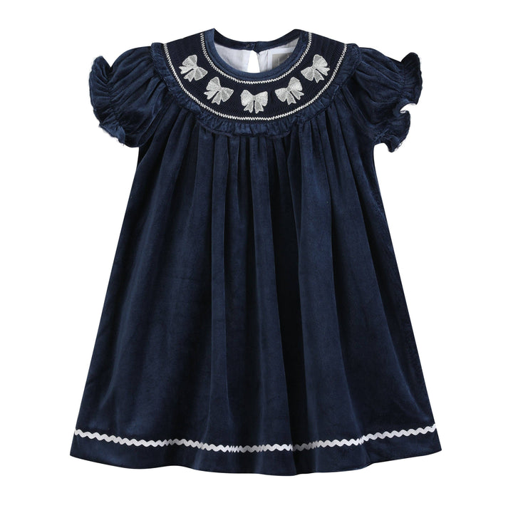 Blue Velvet Silver Bows Smocked Ruffle Bishop Dress - Premium Baby & Toddler Dresses from Lil Cactus - Just $38.95! Shop now at Pat's Monograms
