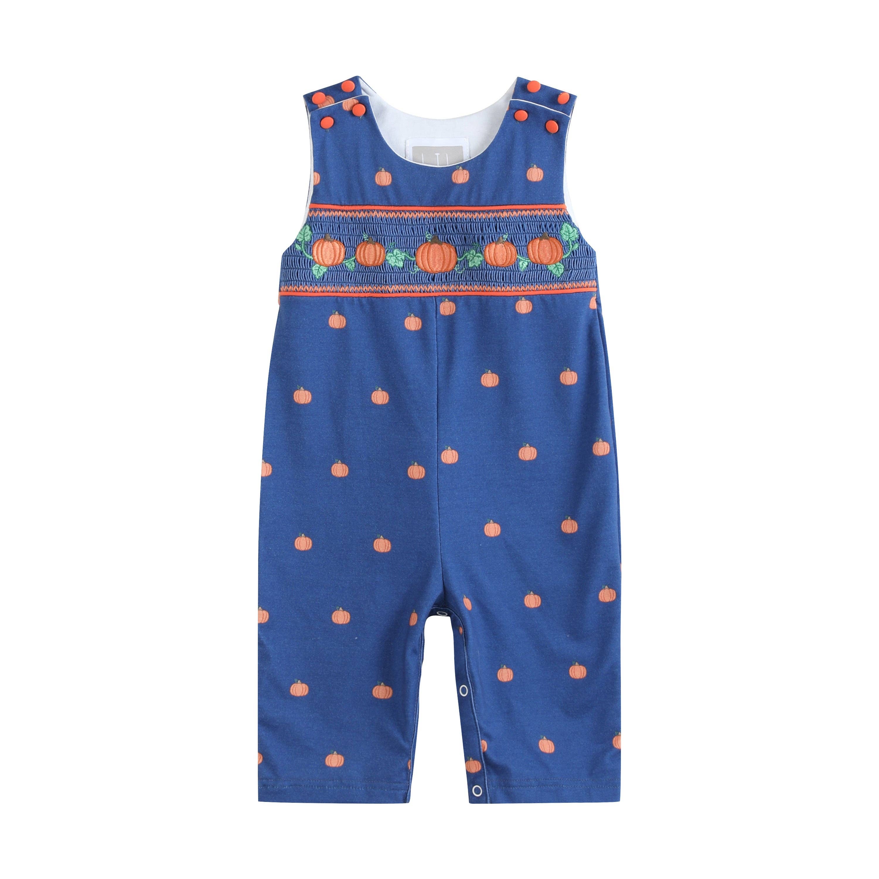 Blue Pumpkin Print Knit Smocked Overalls - Premium  from Lil Cactus - Just $36! Shop now at Pat's Monograms