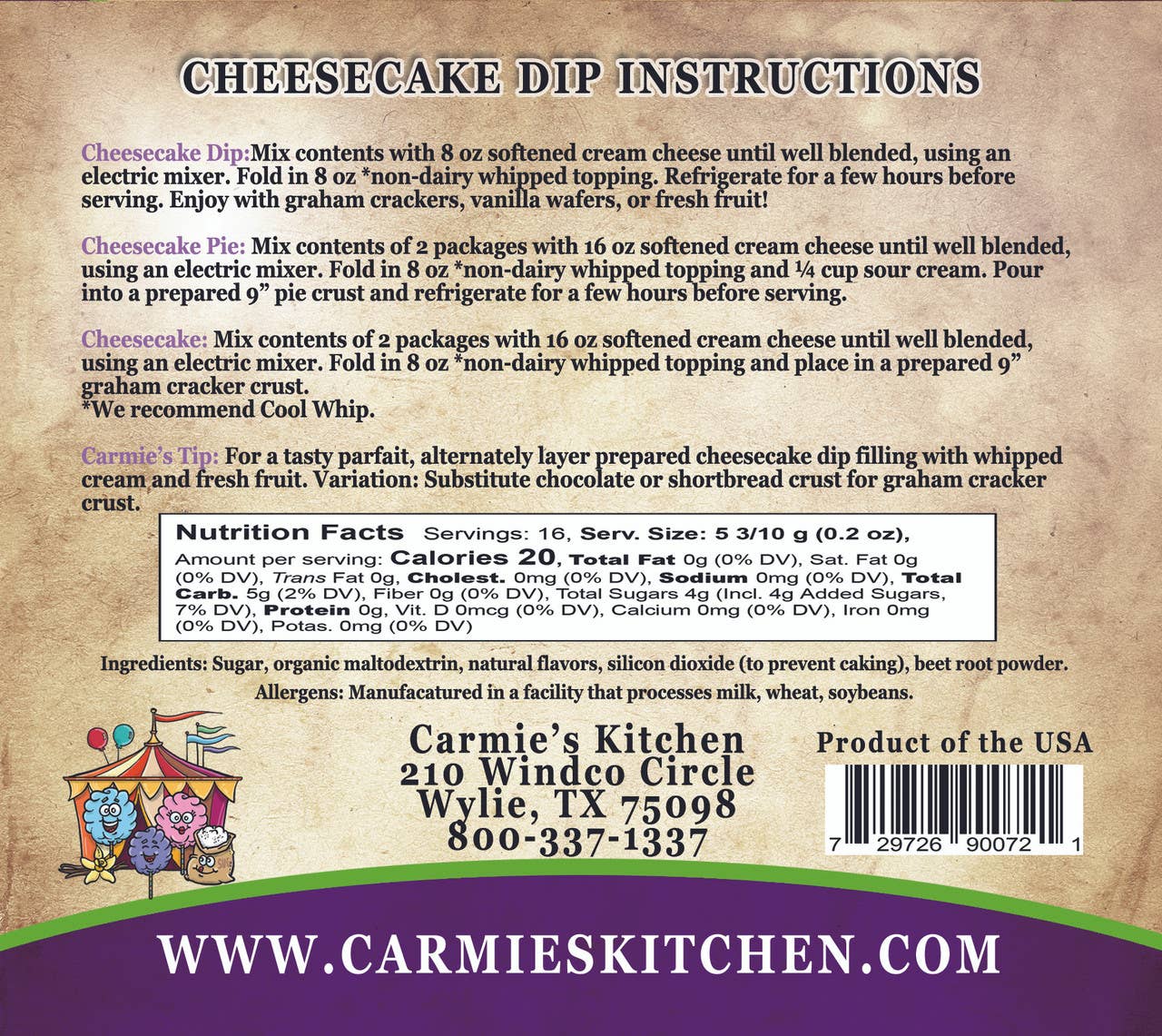 Carnival Cotton Candy Cheesecake Mix - Premium Gourmet Foods from Carmie's Kitchen - Just $4.50! Shop now at Pat's Monograms
