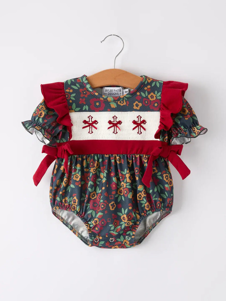 Vintage Floral Smocked Cross Baby Girl Romper - Premium Baby & Toddler Outfits from Rylee Faith Designs - Just $26.95! Shop now at Pat's Monograms