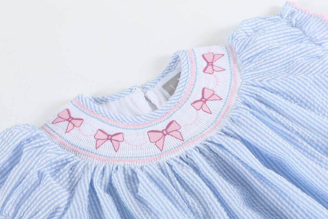 Blue Seersucker Bow Smocked Bishop Dress - Premium Baby & Toddler Dresses from Lil Cactus - Just $36.95! Shop now at Pat's Monograms