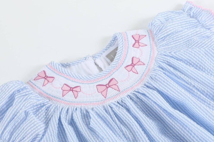 Blue Seersucker Bow Smocked Bishop Dress - Premium Baby & Toddler Dresses from Lil Cactus - Just $36.95! Shop now at Pat's Monograms