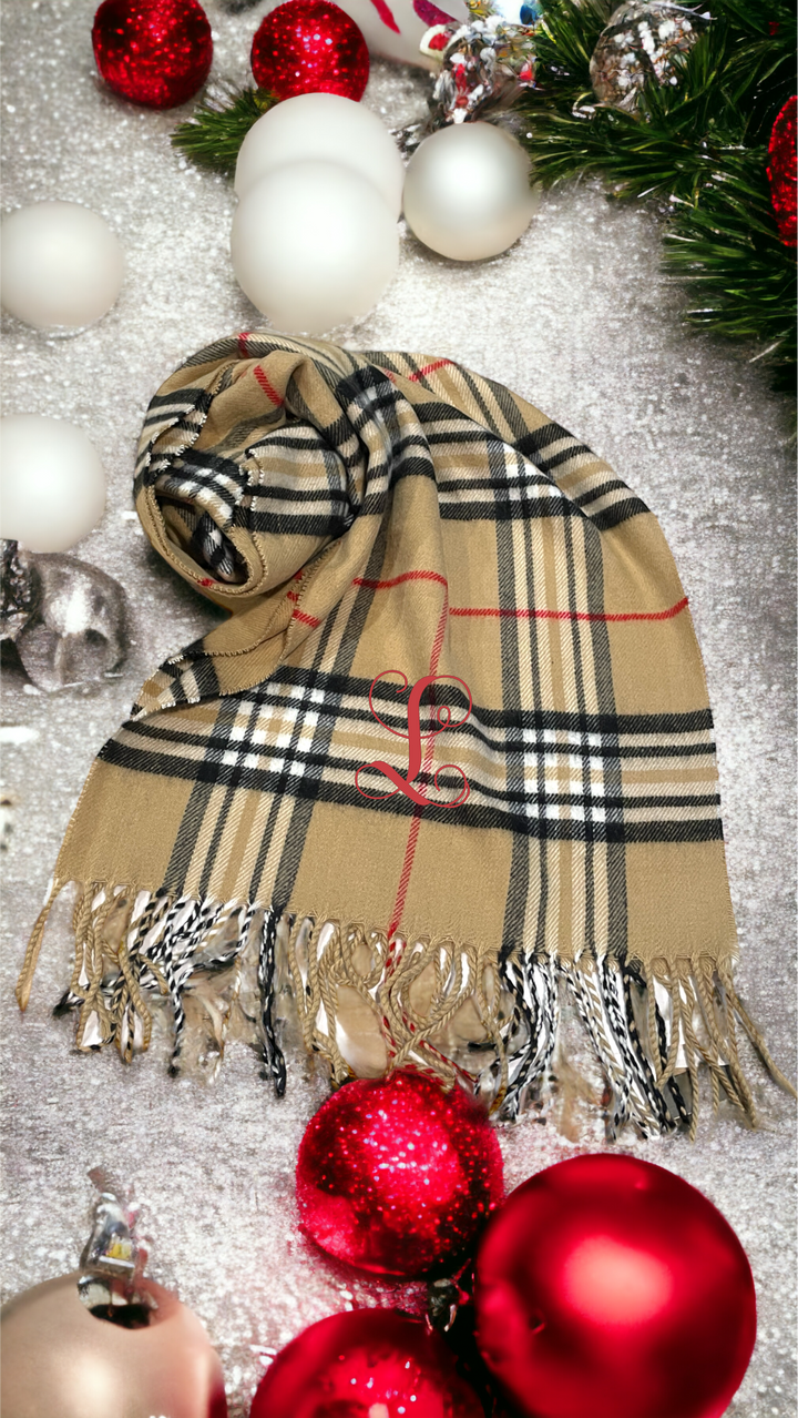 Plaid Cashmere Feel Scarves with Embroidered Single Initial - Premium Accessories from Pat's Monograms - Just $18! Shop now at Pat's Monograms