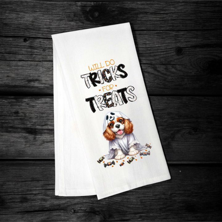 "Will Do Tricks for Treats" Halloween Towel with your Fav Dog Breed - Premium Kitchen Towel from Pat's Monograms - Just $12.95! Shop now at Pat's Monograms