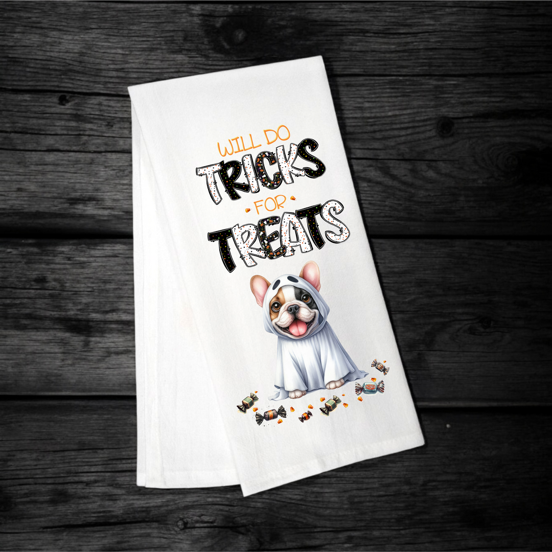 "Will Do Tricks for Treats" Halloween Towel with your Fav Dog Breed - Premium Kitchen Towel from Pat's Monograms - Just $12.95! Shop now at Pat's Monograms