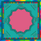 A square board game map or playmat with a bright pink central play area, teal outer field, decorative border, and multicolored street names around the edges including Charleston, New Orleans, and Miami. Arrows indicate play directions around the board.