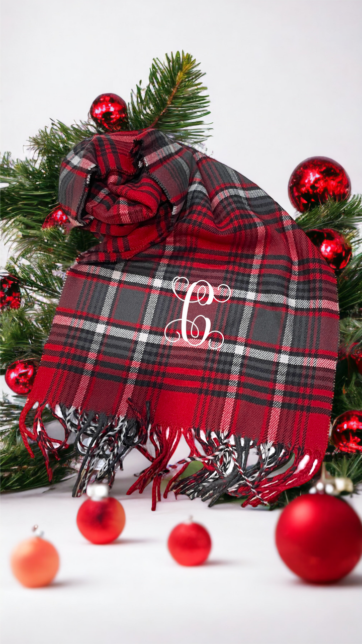 Plaid Cashmere Feel Scarves with Embroidered Single Initial - Premium Accessories from Pat's Monograms - Just $18! Shop now at Pat's Monograms