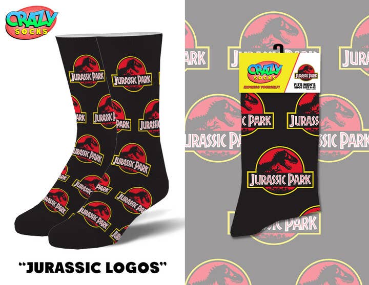 Jurassic Logos Novelty Crew Socks - Premium socks from Crazy Socks - Just $7! Shop now at Pat's Monograms