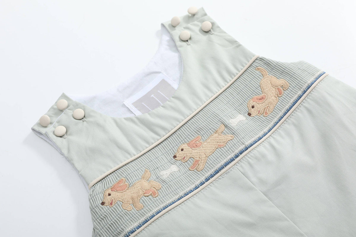 Sage Green Puppy Dog Smocked Longalls — Lil Cactus