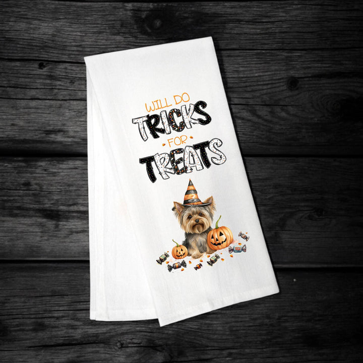 Yorkie - Will Do Tricks for Treats Tea Towel - Premium Kitchen Towel from Pat's Monograms - Just $14.95! Shop now at Pat's Monograms