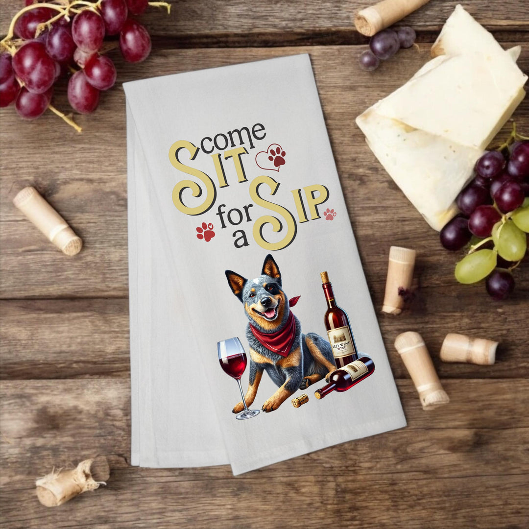 Australian Cattle Dog “Come Sit for a Sip” Tea Towel - Premium Kitchen Towel from Pat's Monograms - Just $14.95! Shop now at Pat's Monograms