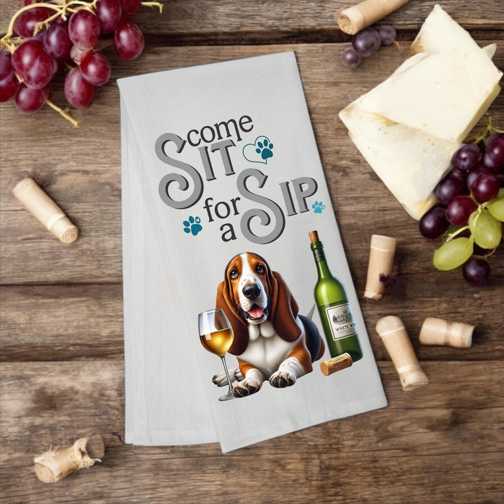 Basset Hound "Come Sit for a Sip" Wine gift for dog mom - Premium Kitchen Towel from Pat's Monograms - Just $14.95! Shop now at Pat's Monograms