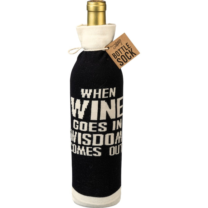 Bottle Sock - When Wine Goes In Wisdom Comes Out - Premium wine accessories from Primitives by Kathy - Just $5.95! Shop now at Pat's Monograms