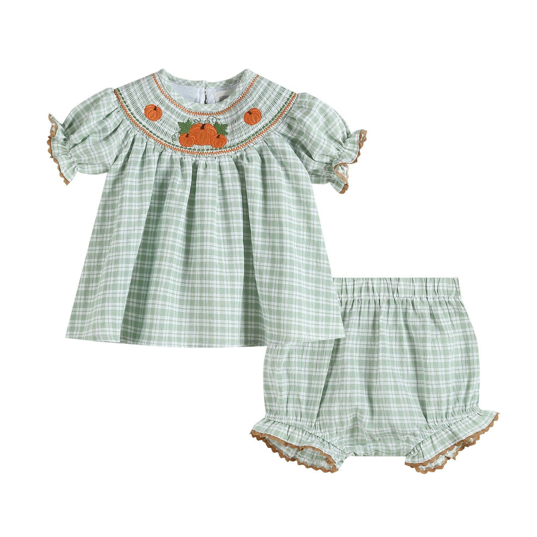 Sage Green Plaid Pumpkin Smocked Top and Bloomer Set - Premium Baby & Toddler Outfits from Lil Cactus - Just $35! Shop now at Pat's Monograms