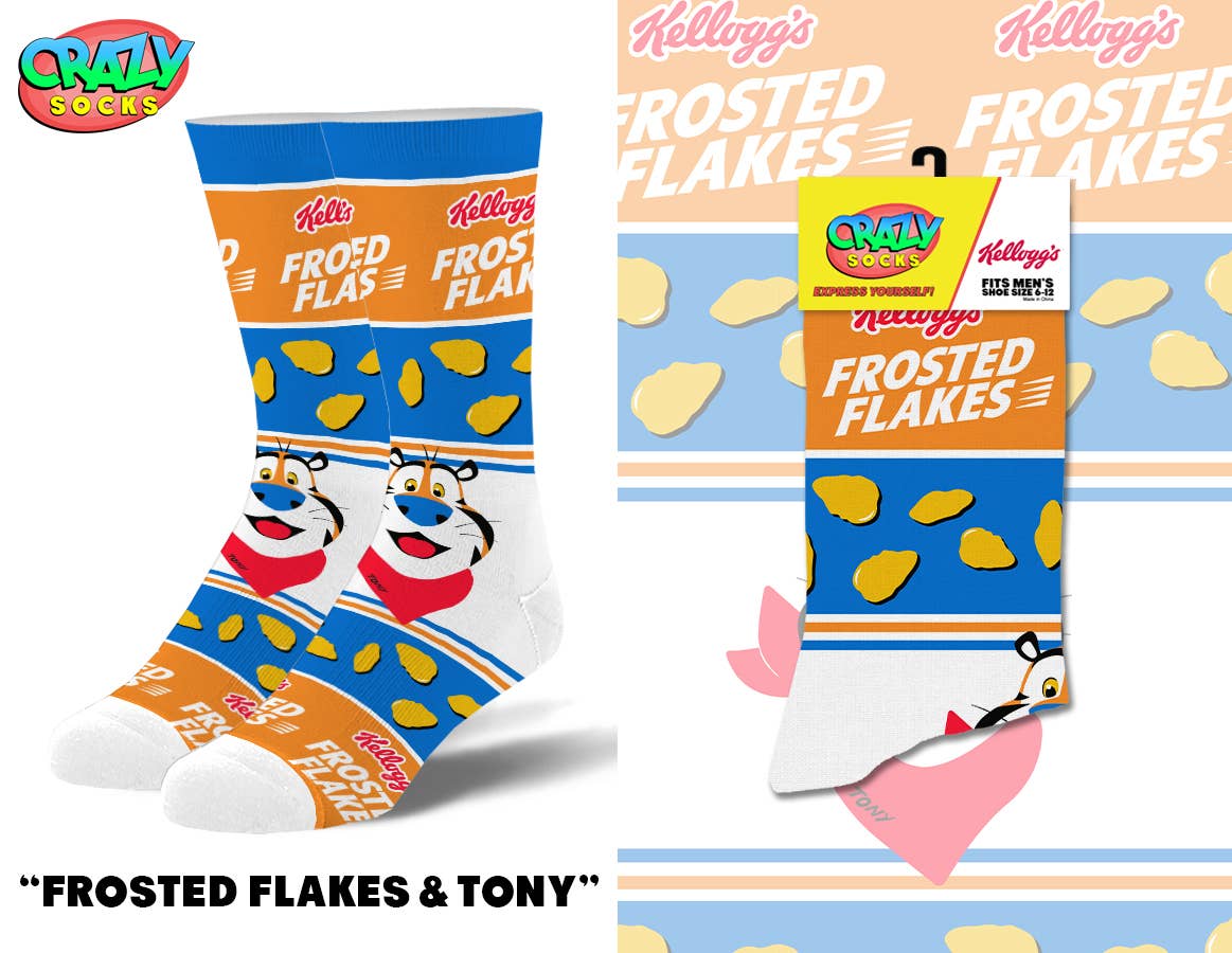 Frosted Flakes & Tony - Mens Crew Folded - Premium Socks from Crazy Socks - Just $8! Shop now at Pat's Monograms