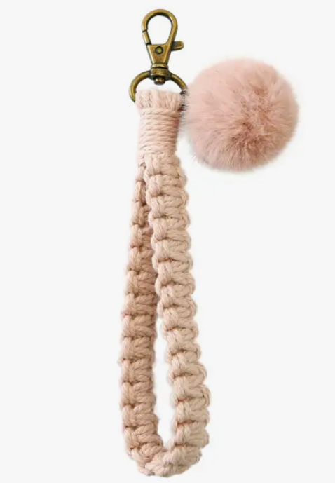 Macrame Flat Square Knot Wristlet Keychain with Pom Pom - Premium Accessories from Adorro - Just $9.0! Shop now at Pat's Monograms