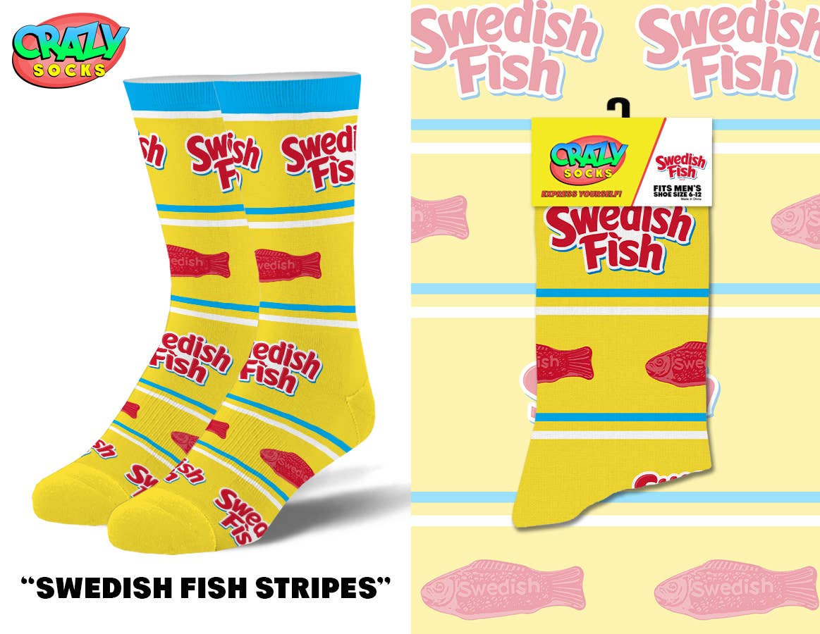 Swedish Fish Stripes - Mens Crew Folded - Premium Socks from Crazy Socks - Just $8! Shop now at Pat's Monograms